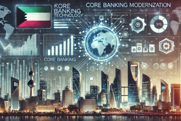 A modern, sleek banking technology interface featuring digital graphs, charts, and a user-friendly dashboard, representing core banking modernization