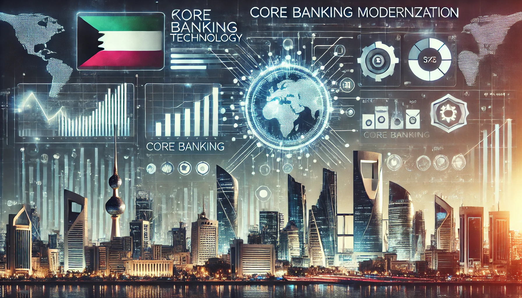 A modern, sleek banking technology interface featuring digital graphs, charts, and a user-friendly dashboard, representing core banking modernization