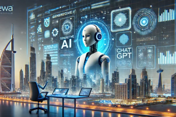 A modern, futuristic scene showcasing DEWA's use of generative AI and ChatGPT through its virtual employee, Rammas. The image features a digital inter