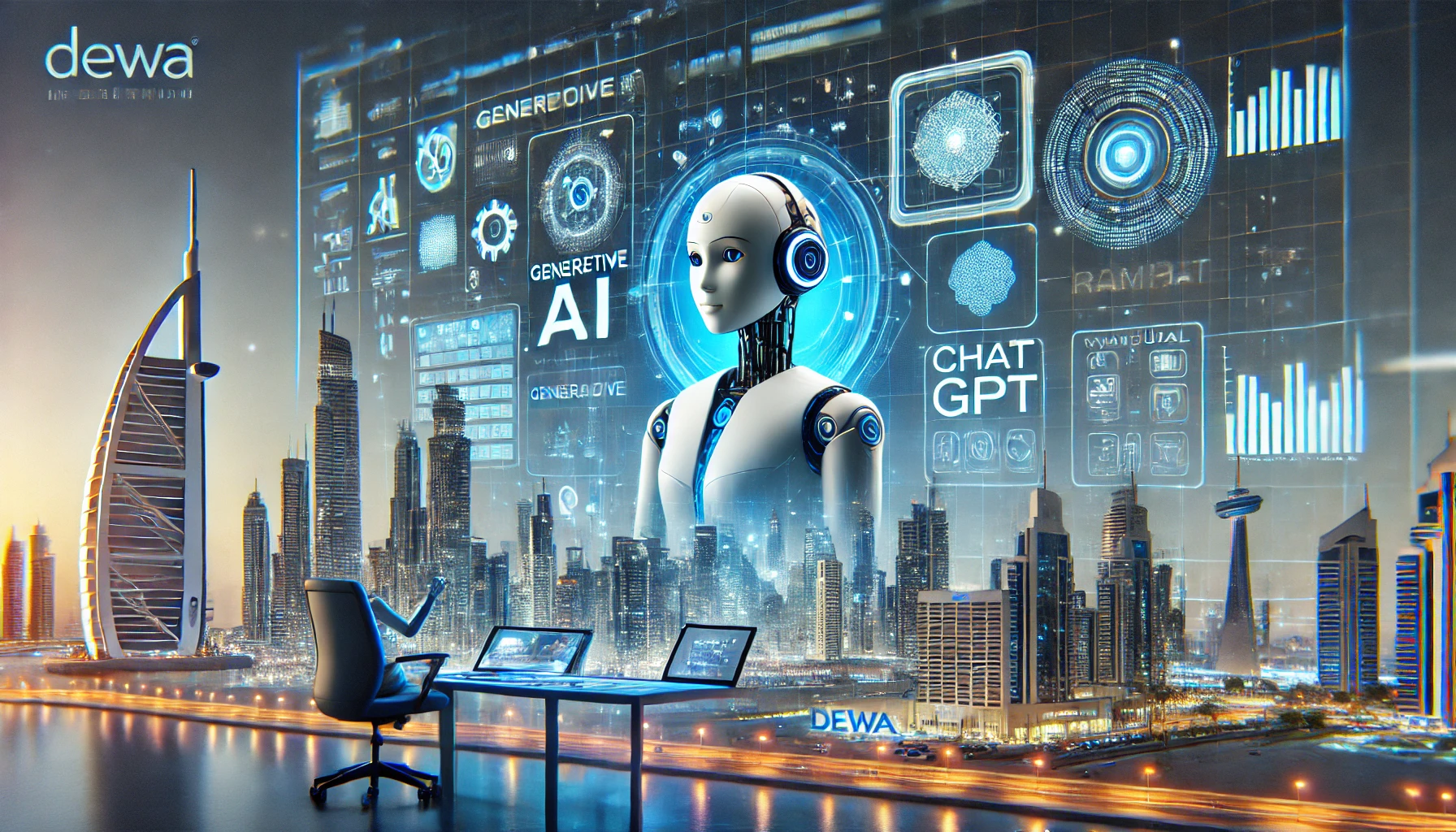 A modern, futuristic scene showcasing DEWA's use of generative AI and ChatGPT through its virtual employee, Rammas. The image features a digital inter