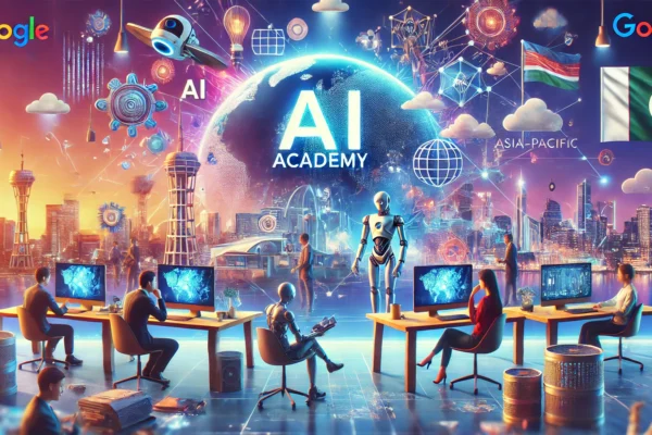 A dynamic scene showcasing the launch of Google's AI Academy, featuring AI startups from Pakistan and the Asia-Pacific region. The image includes element