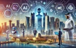 A dynamic scene showcasing Qatar's investment in AI technology, featuring elements of artificial intelligence, digital innovation, and a smart economy