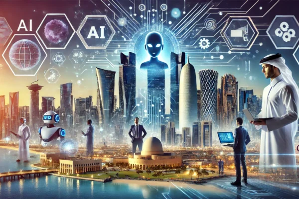 A dynamic scene showcasing Qatar's investment in AI technology, featuring elements of artificial intelligence, digital innovation, and a smart economy