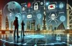 A dynamic scene depicting cybersecurity challenges in the UAE, featuring elements such as malware, ransomware, and email attacks. The image includes f