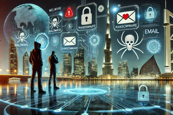 A dynamic scene depicting cybersecurity challenges in the UAE, featuring elements such as malware, ransomware, and email attacks. The image includes f