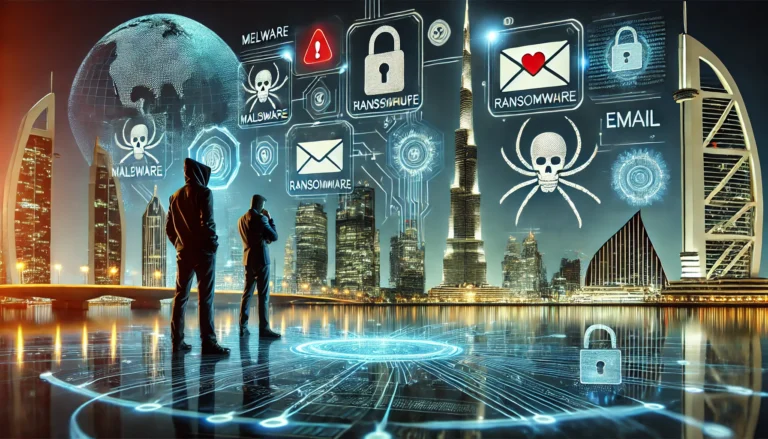 A dynamic scene depicting cybersecurity challenges in the UAE, featuring elements such as malware, ransomware, and email attacks. The image includes f