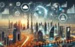 A dynamic and modern scene depicting innovation in the Gulf Cooperation Council (GCC) region. The image features elements of advanced technology, AI,