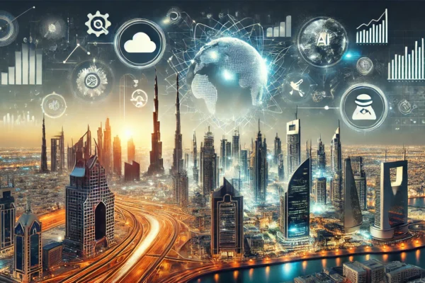 A dynamic and modern scene depicting innovation in the Gulf Cooperation Council (GCC) region. The image features elements of advanced technology, AI,