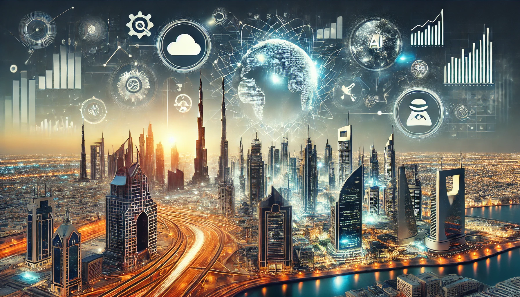 A dynamic and modern scene depicting innovation in the Gulf Cooperation Council (GCC) region. The image features elements of advanced technology, AI,