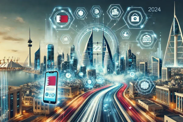 A dynamic scene showcasing Bahrain's digital transformation achievements in 2024. The image features modern digital interfaces, mobile apps, and eGovernment