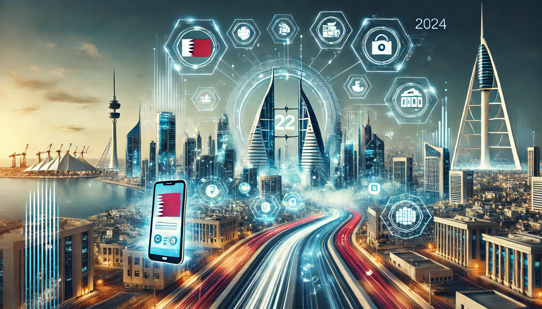 A dynamic scene showcasing Bahrain's digital transformation achievements in 2024. The image features modern digital interfaces, mobile apps, and eGovernment