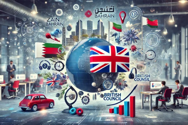 A dynamic scene showcasing a partnership between Zain Bahrain and the British Council, featuring elements of professional training, employee development