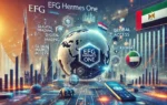 A dynamic scene showcasing the revamped EFG Hermes ONE trading app, highlighting its new brand identity, advanced features, and user-friendly interface