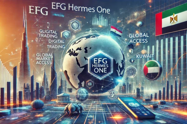 A dynamic scene showcasing the revamped EFG Hermes ONE trading app, highlighting its new brand identity, advanced features, and user-friendly interface