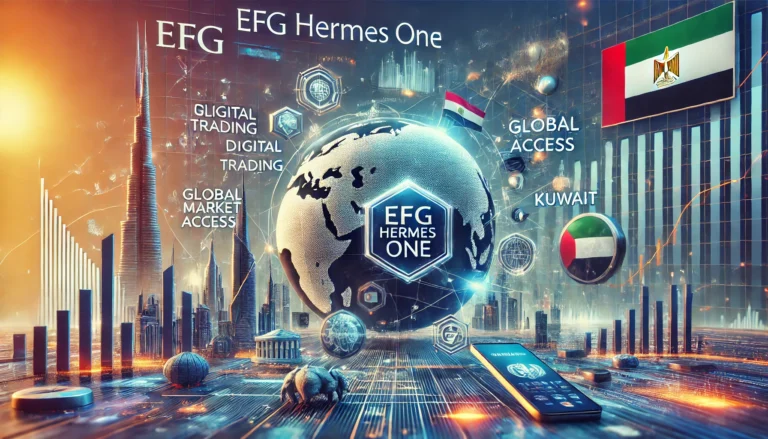A dynamic scene showcasing the revamped EFG Hermes ONE trading app, highlighting its new brand identity, advanced features, and user-friendly interface