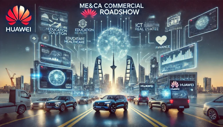 A dynamic scene showcasing Huawei's ME&CA Commercial Roadshow in Bahrain, featuring cutting-edge ICT solutions for sectors like education, healthcare,