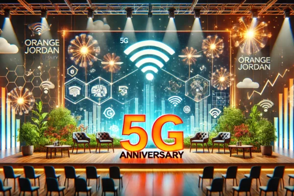 A dynamic scene showcasing Orange Jordan's 5G anniversary panel discussion at the Innovation Hub. The image features modern digital technology, 5G symbol