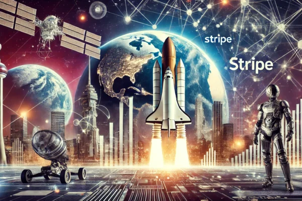 A dynamic scene showcasing Damac Capital's strategic investments in SpaceX and Stripe. The image features elements representing space exploration, fin