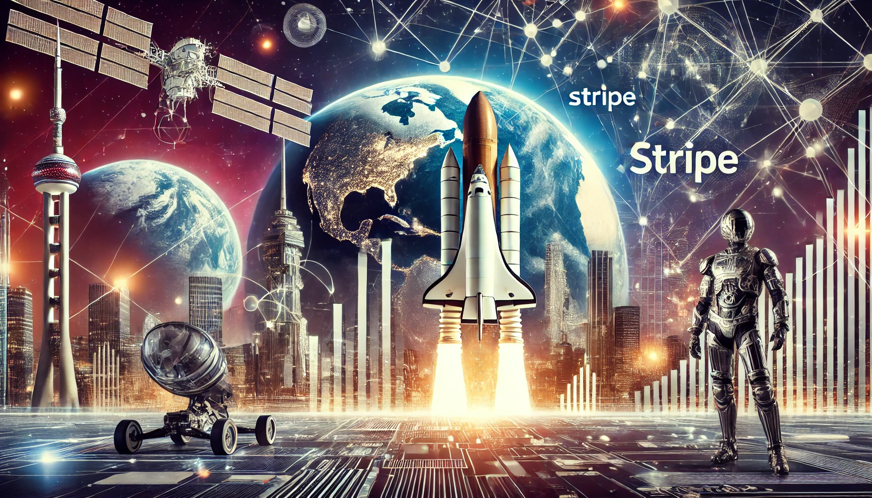 A dynamic scene showcasing Damac Capital's strategic investments in SpaceX and Stripe. The image features elements representing space exploration, fin