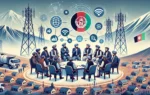 A scene depicting the meeting between Afghanistan's IT Minister and tribal leaders from Paktika Province. The image features a discussion setting with