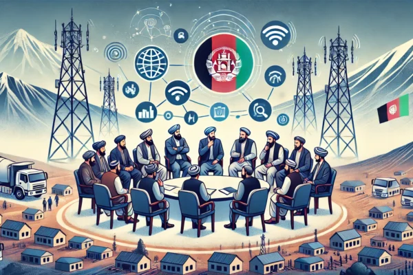 A scene depicting the meeting between Afghanistan's IT Minister and tribal leaders from Paktika Province. The image features a discussion setting with