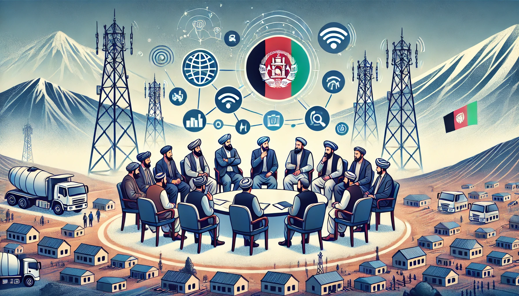 A scene depicting the meeting between Afghanistan's IT Minister and tribal leaders from Paktika Province. The image features a discussion setting with