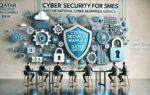 A modern scene depicting the launch of the 'Cyber Security Manual for SMEs' by Qatar Development Bank and the National Cyber Security Agency. The image