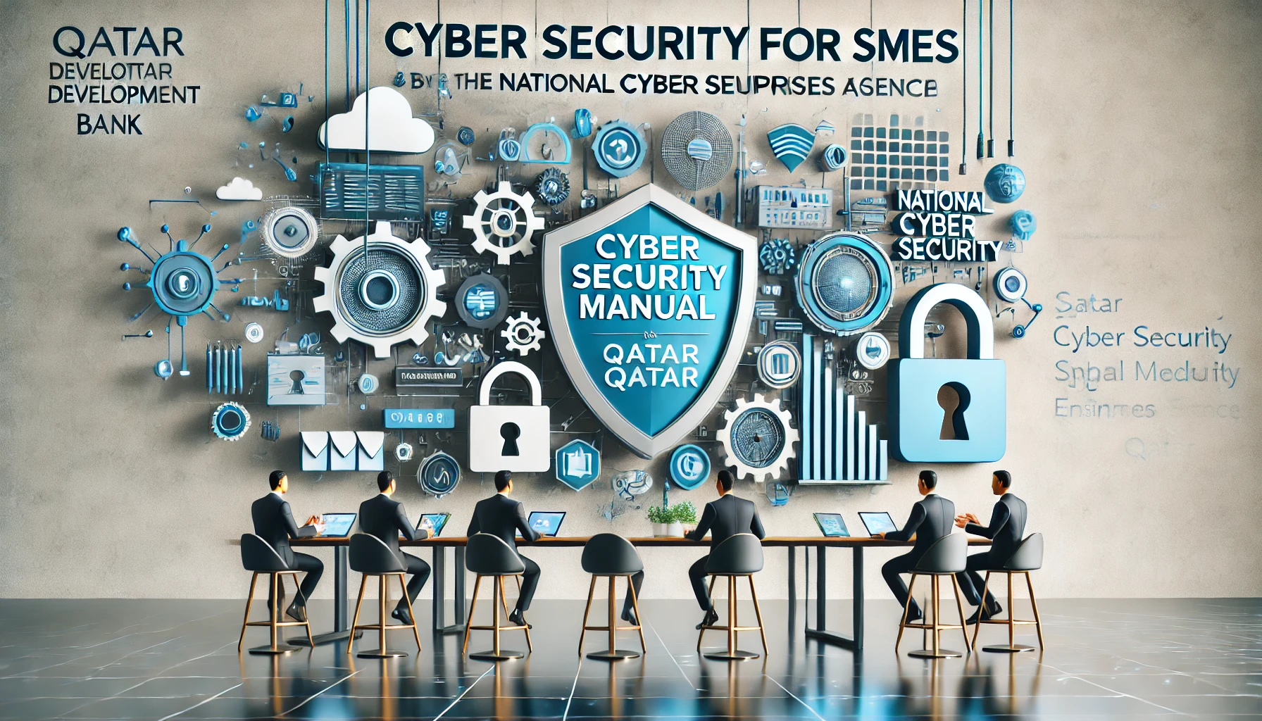 A modern scene depicting the launch of the 'Cyber Security Manual for SMEs' by Qatar Development Bank and the National Cyber Security Agency. The image