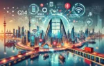 A dynamic scene representing Bahrain's telecommunications sector growth in Q1 2024. The image includes elements of mobile and broadband technology, da