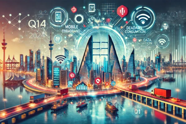 A dynamic scene representing Bahrain's telecommunications sector growth in Q1 2024. The image includes elements of mobile and broadband technology, da