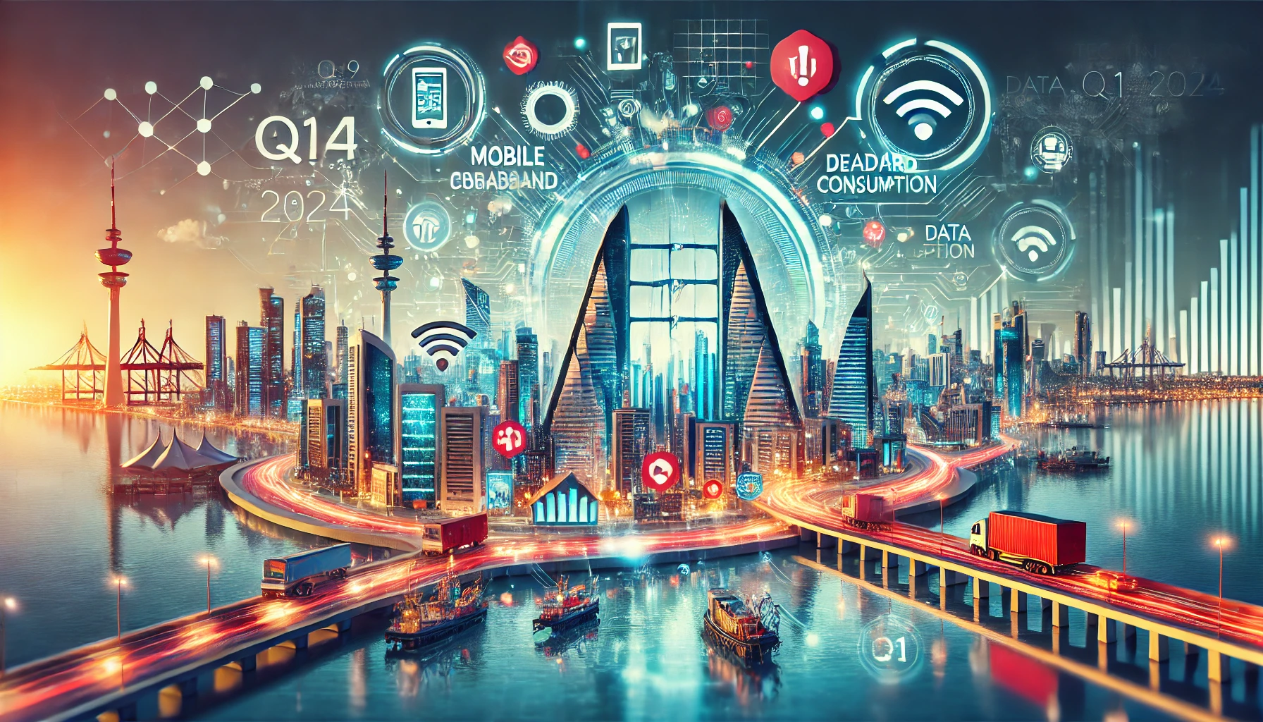 A dynamic scene representing Bahrain's telecommunications sector growth in Q1 2024. The image includes elements of mobile and broadband technology, da