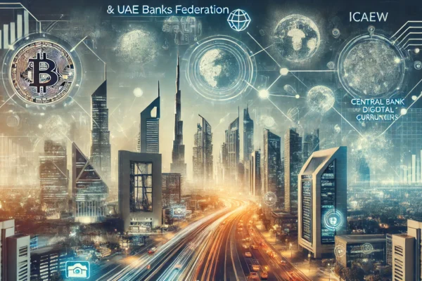 A modern, dynamic scene representing the partnership between ICAEW and UAE Banks Federation, focusing on navigating the digital assets landscape and C