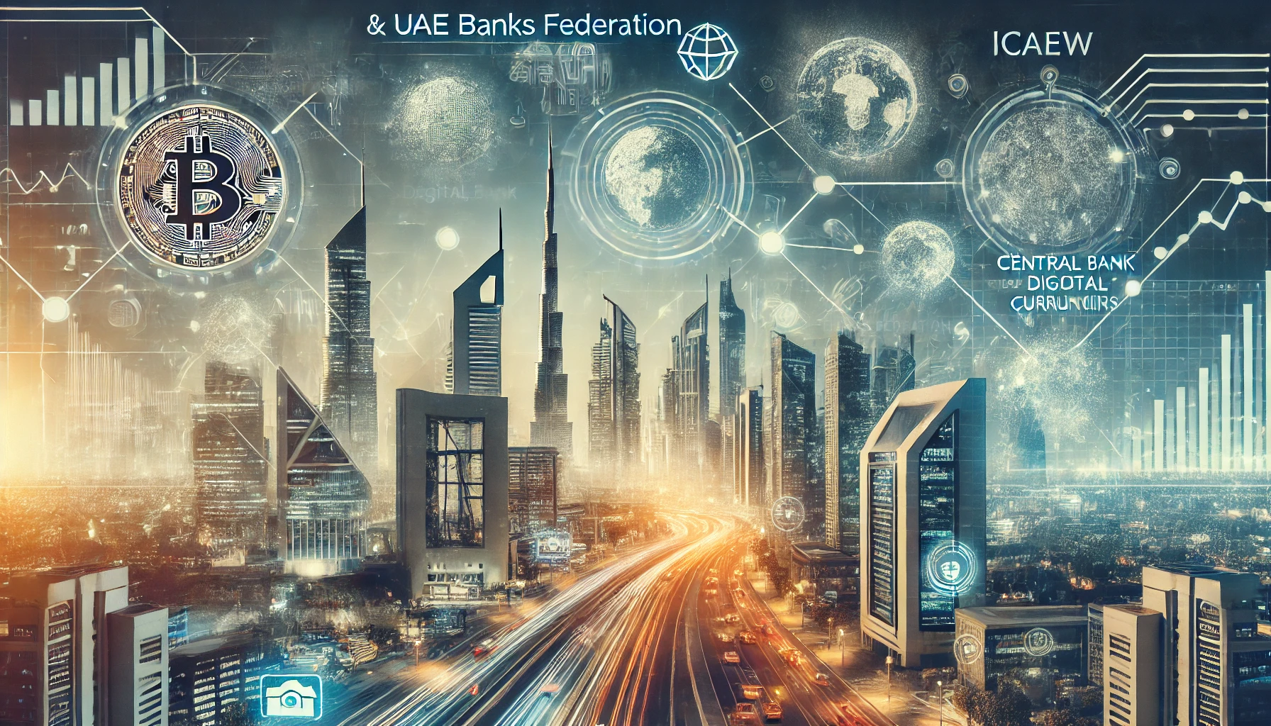 A modern, dynamic scene representing the partnership between ICAEW and UAE Banks Federation, focusing on navigating the digital assets landscape and C