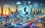 A futuristic scene depicting Dubai Police's full integration of artificial intelligence (AI) by 2031. The image includes elements of smart policing, A