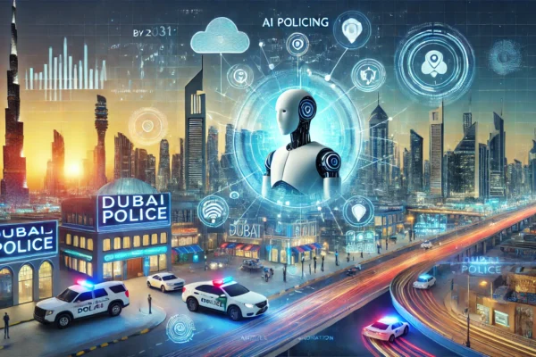 A futuristic scene depicting Dubai Police's full integration of artificial intelligence (AI) by 2031. The image includes elements of smart policing, A