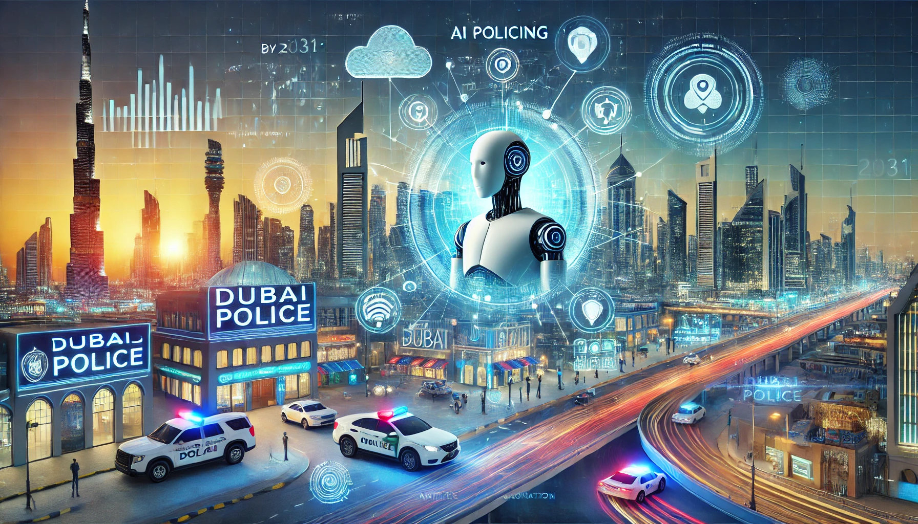 A futuristic scene depicting Dubai Police's full integration of artificial intelligence (AI) by 2031. The image includes elements of smart policing, A