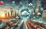 A dynamic scene representing the collaboration between Huawei Cloud and Fintech Saudi at the Huawei Cloud Fintech Day Saudi Arabia 2024. The image fea