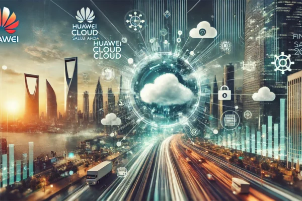 A dynamic scene representing the collaboration between Huawei Cloud and Fintech Saudi at the Huawei Cloud Fintech Day Saudi Arabia 2024. The image fea