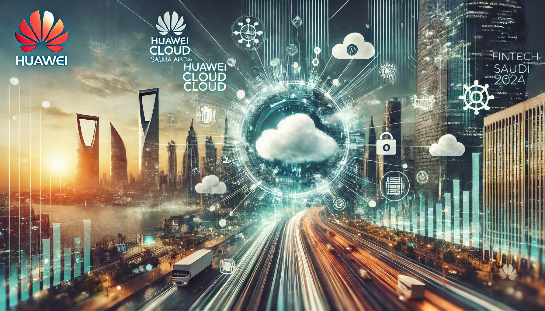 A dynamic scene representing the collaboration between Huawei Cloud and Fintech Saudi at the Huawei Cloud Fintech Day Saudi Arabia 2024. The image fea