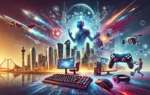 A dynamic and modern scene representing the growth of Qatar's esports industry. The image features elements of competitive gaming, digital innovation,