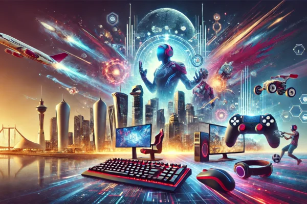 A dynamic and modern scene representing the growth of Qatar's esports industry. The image features elements of competitive gaming, digital innovation,