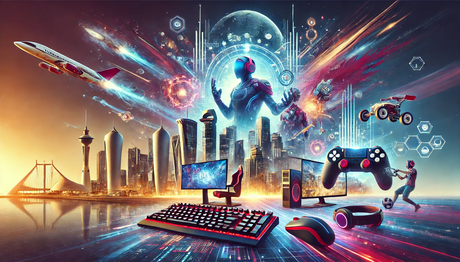 A dynamic and modern scene representing the growth of Qatar's esports industry. The image features elements of competitive gaming, digital innovation,