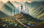 A landscape image showing the construction of telecommunications infrastructure in a remote area. The scene should include telecommunications towers o