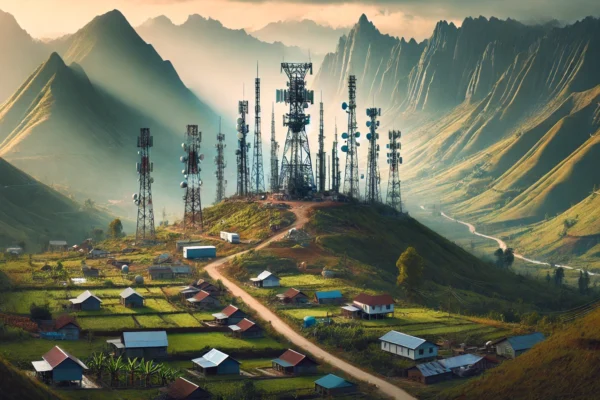 A landscape image showing the construction of telecommunications infrastructure in a remote area. The scene should include telecommunications towers o