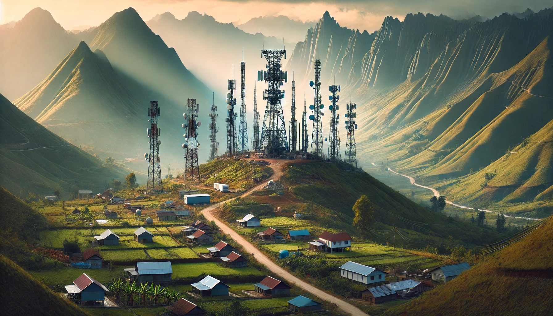 A landscape image showing the construction of telecommunications infrastructure in a remote area. The scene should include telecommunications towers o