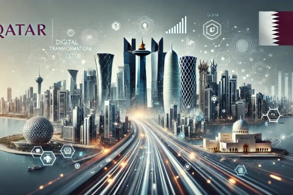 A modern landscape image representing the growth and innovation in Qatar's computing sector. The image should feature elements such as digital data fl