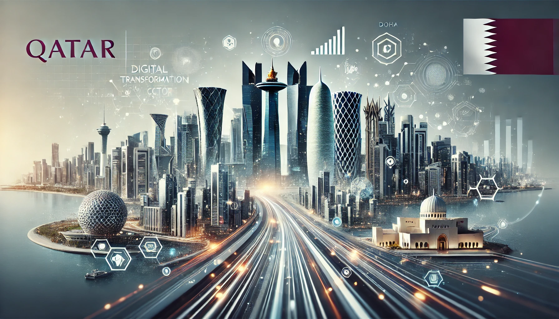 A modern landscape image representing the growth and innovation in Qatar's computing sector. The image should feature elements such as digital data fl