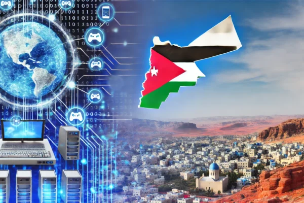 A dynamic and modern landscape image representing Jordan as a leading destination for technology and digital investment. The image should feature element