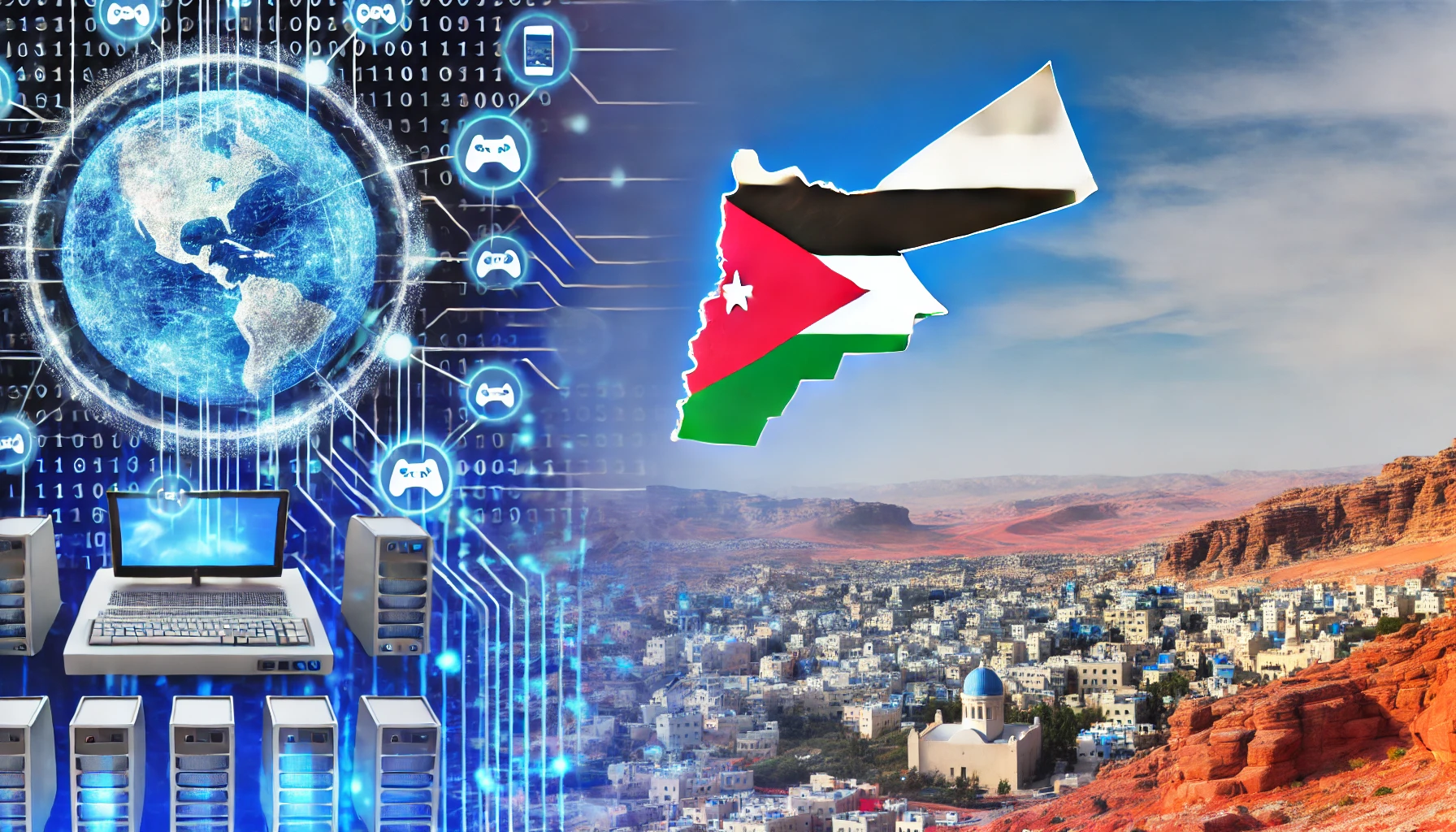 A dynamic and modern landscape image representing Jordan as a leading destination for technology and digital investment. The image should feature element