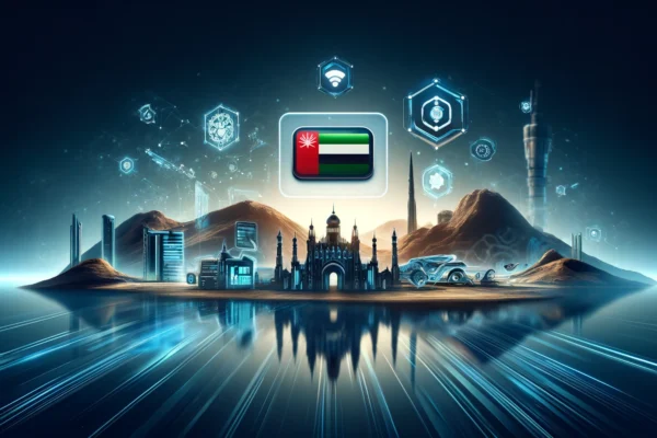 A modern landscape image representing the launch of Samsung Pay in Oman. The image should include elements such as mobile payment icons, digital trans